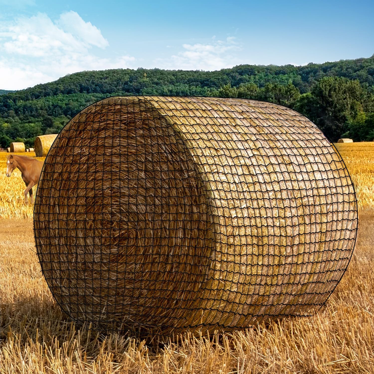 Large Round Bale Hay Net, 5x5FT Knotless Hay Nets for Horses Slow Feed, Heavy Duty Livestocks Haynet for 4x4/5x5 or Square Bale 3x3x8/4x4x8