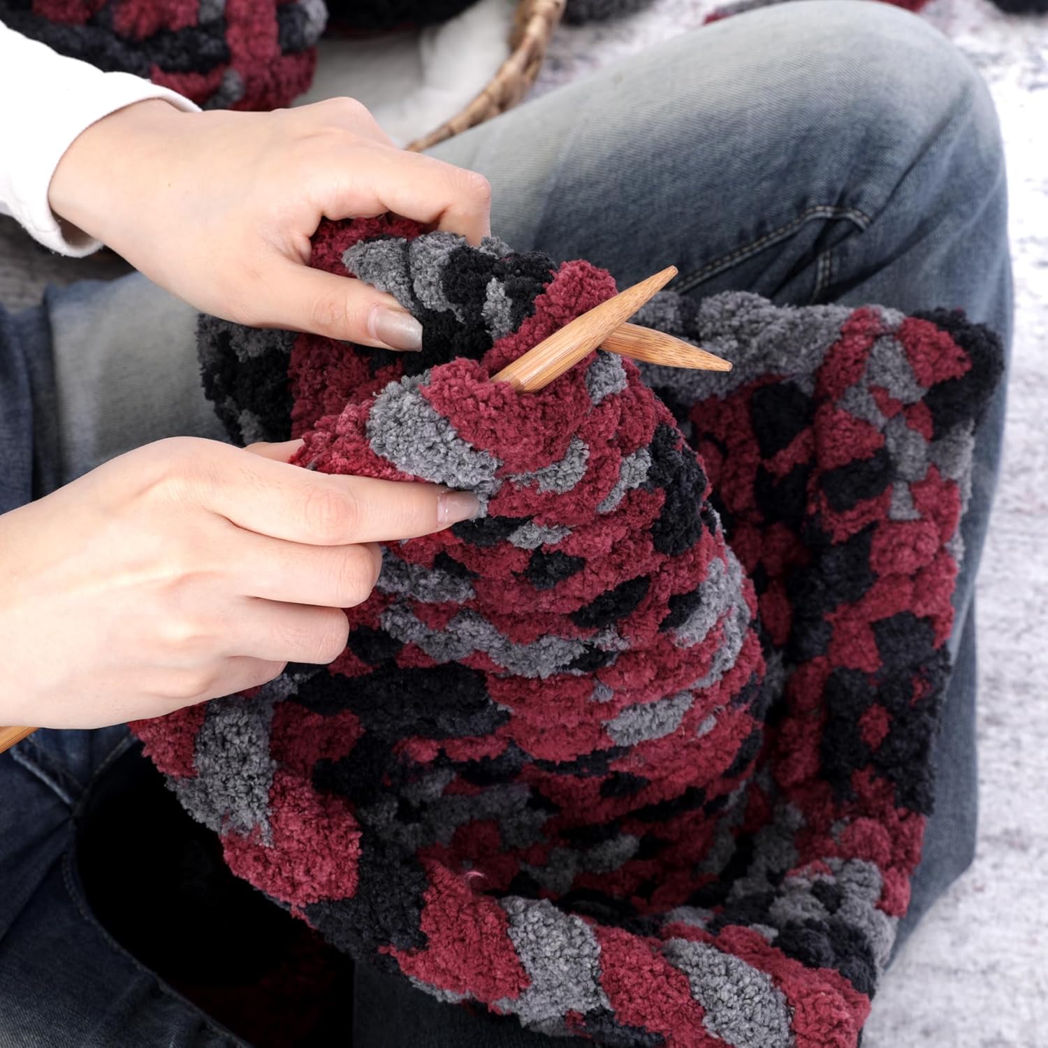 Hombys 8 Pack Giant Chunky Yarn for Crocheting/Hand Knitting - Super Bulky, Soft, Fluffy, Plush Fuzzy Tie Dye Mixed Color Thick Chenille Yarn (Wine Red, Black, Grey) - Image 5