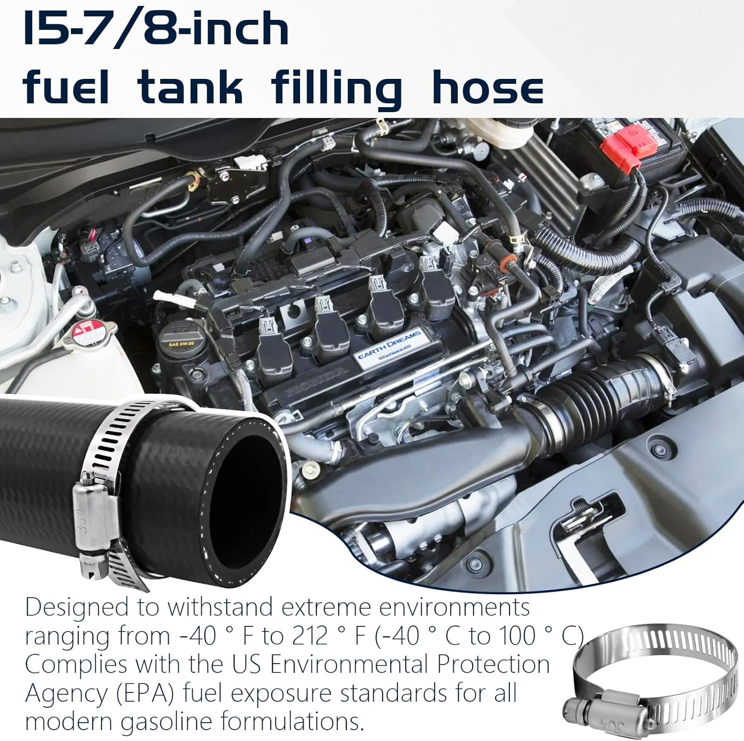 1 1/2" Gasoline Fuel Filler Neck Hose with 4 Clamps - 15 7/8" Length Gas Tank Hose Replacement (1.5" ID Straight) - Image 5