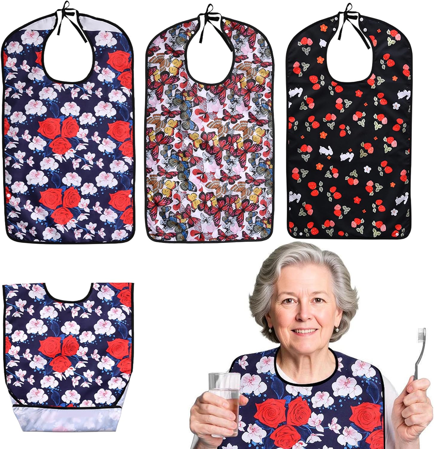 3 Pcs Adult Bibs For Women With Crumb Catcher, Reusable Waterproof Large Bibs For Adult, Clothing Protector For Eating,Washable Feeding Bib For Women Elderly Senior