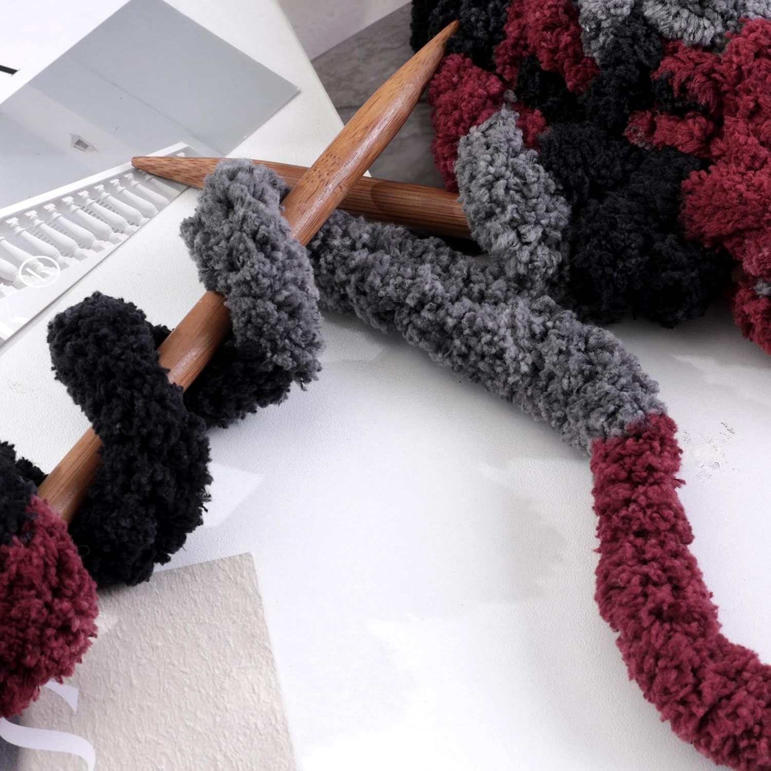 Hombys 8 Pack Giant Chunky Yarn for Crocheting/Hand Knitting - Super Bulky, Soft, Fluffy, Plush Fuzzy Tie Dye Mixed Color Thick Chenille Yarn (Wine Red, Black, Grey) - Image 7