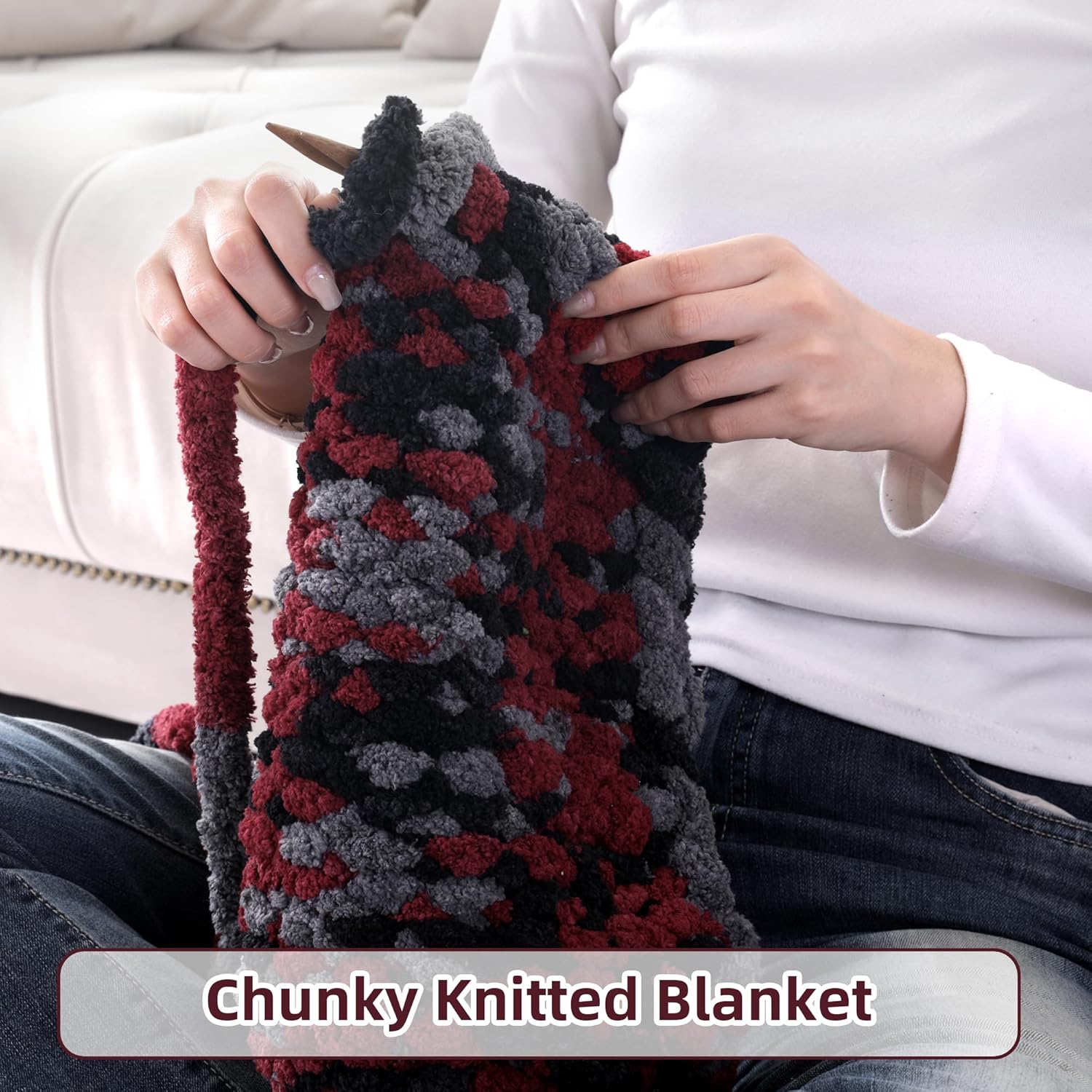 Hombys 8 Pack Giant Chunky Yarn for Crocheting/Hand Knitting - Super Bulky, Soft, Fluffy, Plush Fuzzy Tie Dye Mixed Color Thick Chenille Yarn (Wine Red, Black, Grey) - Image 4