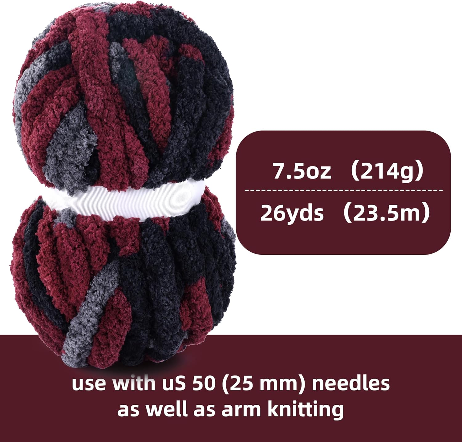 Hombys 8 Pack Giant Chunky Yarn for Crocheting/Hand Knitting - Super Bulky, Soft, Fluffy, Plush Fuzzy Tie Dye Mixed Color Thick Chenille Yarn (Wine Red, Black, Grey) - Image 2