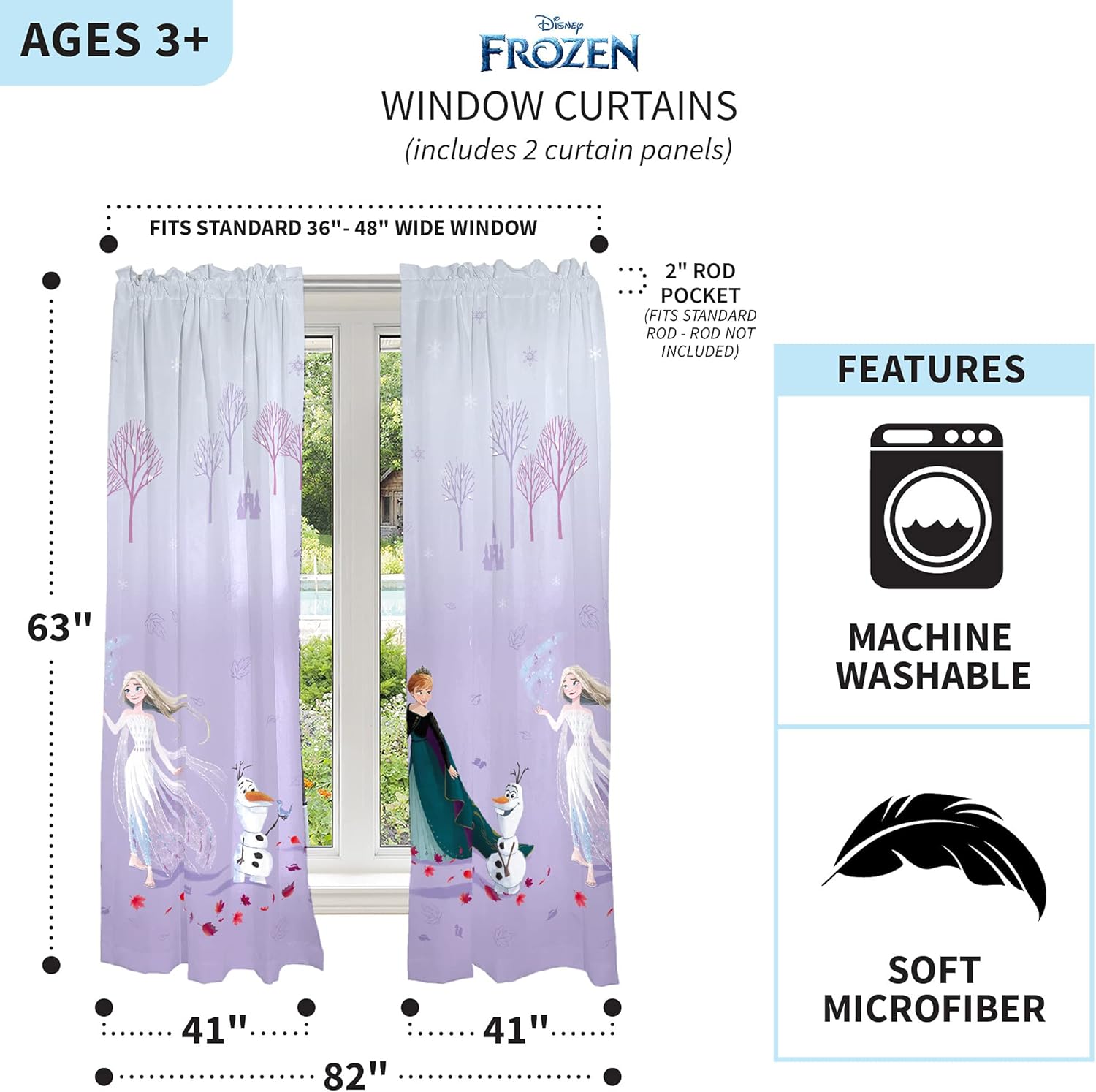 Disney Frozen 2 Kids Room Window Curtain Panels Drapes Set, 82 in x 63 in, "Official" Disney Product By Franco - Image 4