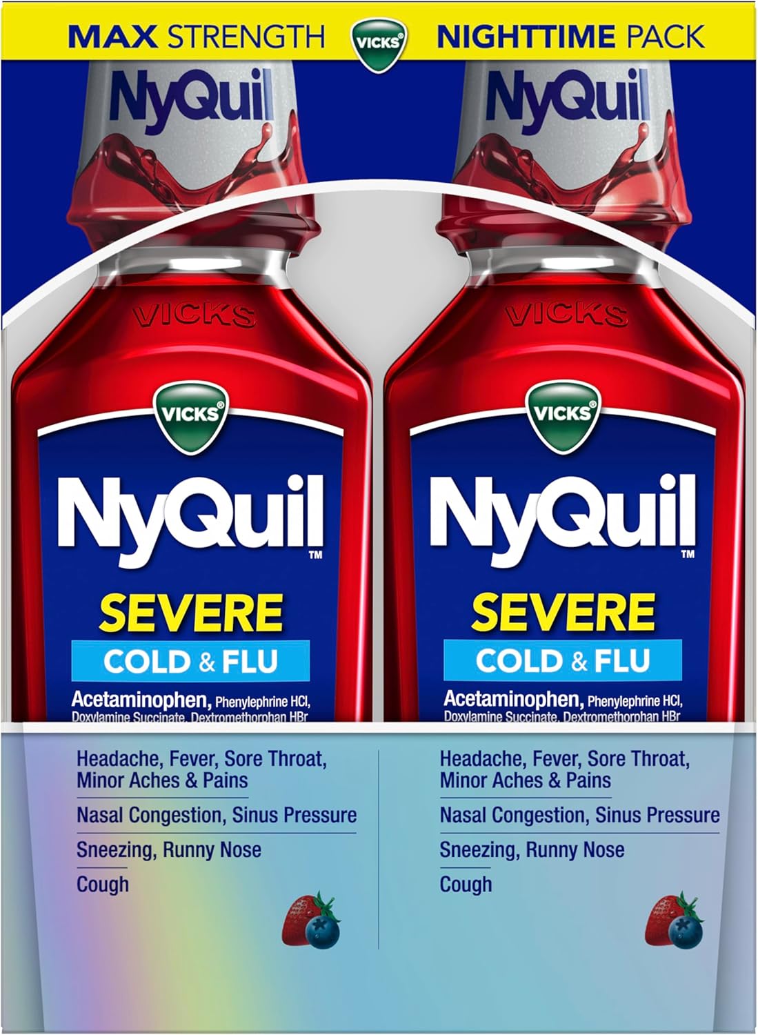 Vicks NyQuil SEVERE Cold, Flu, and Congestion Medicine, 2x12 fl oz Twin Pack, Berry Flavor, Maximum Strength, Nighttime Relief - Image 7
