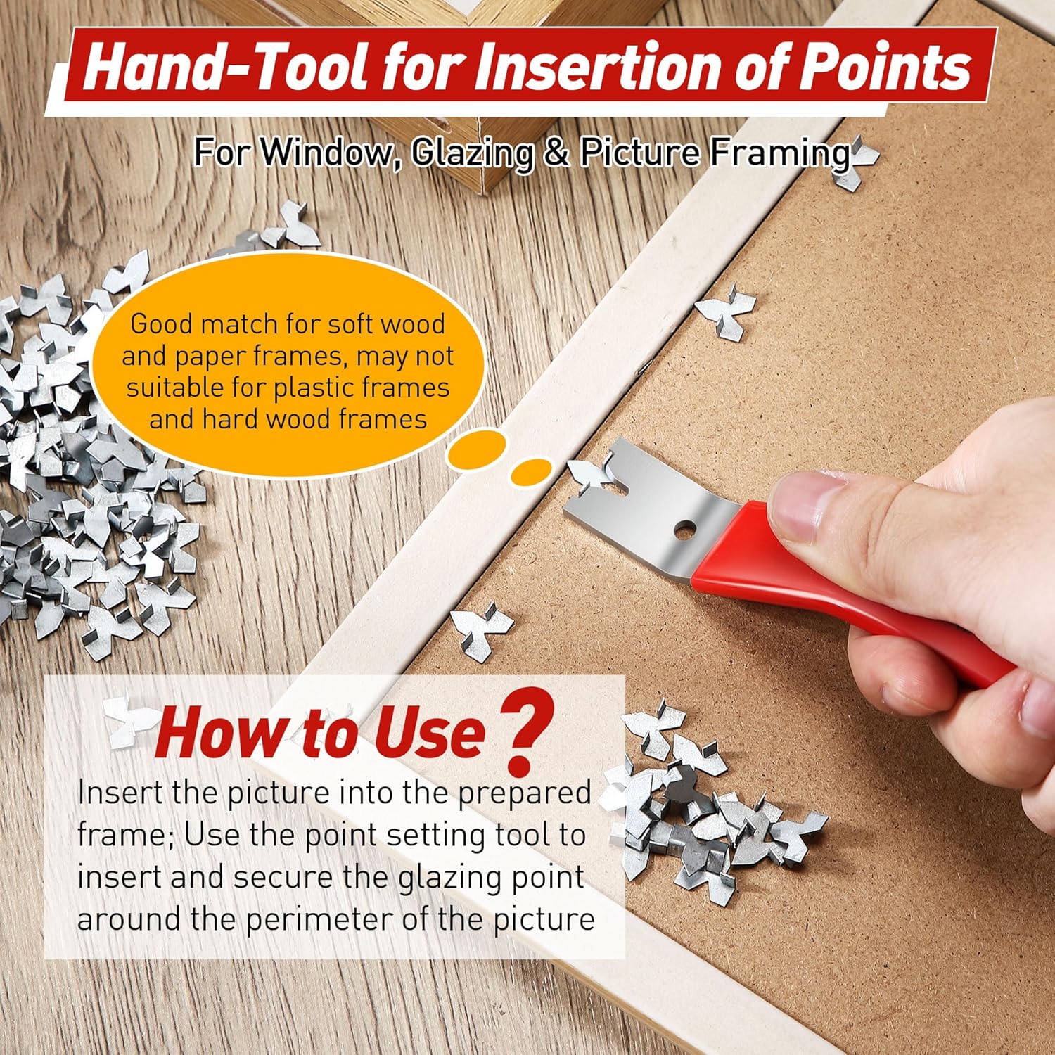 Feekoon Glazier Point Driver, Glazier Setting Tool with 100 Push Points, Glazing Push Point Driver Tool for Framing Glass Picture Cross Stitch (Red) - Image 2