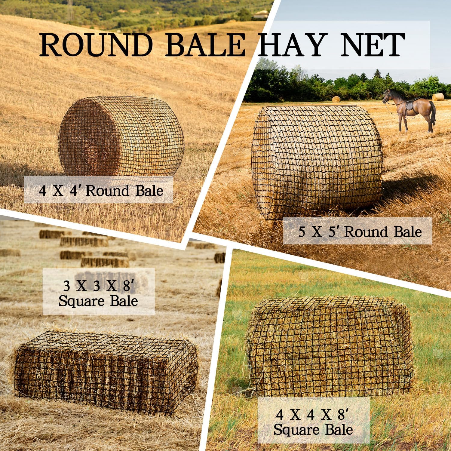 Large Round Bale Hay Net, 5x5FT Knotless Hay Nets for Horses Slow Feed, Heavy Duty Livestocks Haynet for 4x4/5x5 or Square Bale 3x3x8/4x4x8 - Image 2