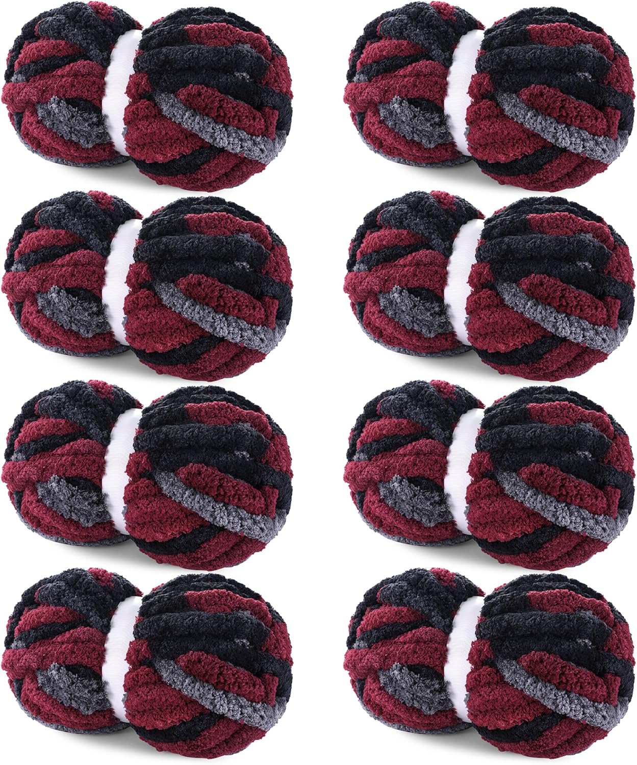Hombys 8 Pack Giant Chunky Yarn for Crocheting/Hand Knitting - Super Bulky, Soft, Fluffy, Plush Fuzzy Tie Dye Mixed Color Thick Chenille Yarn (Wine Red, Black, Grey)