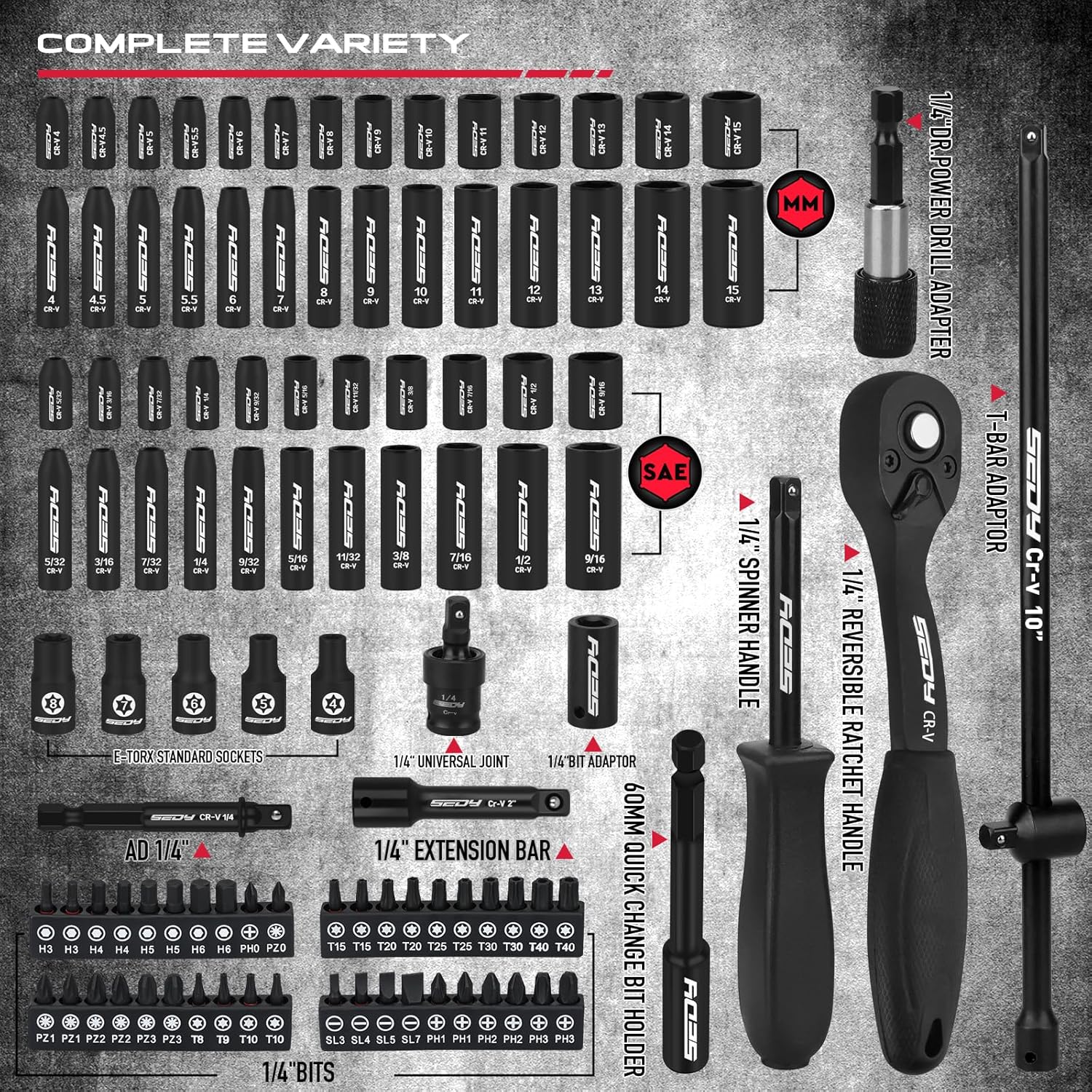 105-Piece 1/4" Drive Impact Socket Set, SAE 5/32"-9/16" & Metric 4-15mm, CR-V Steel Mechanics Tool Set with Ratchet Wrench, Adapters, Universal Joint, Screwdriver Bits, Bit Holder, Extension Bar - Image 2