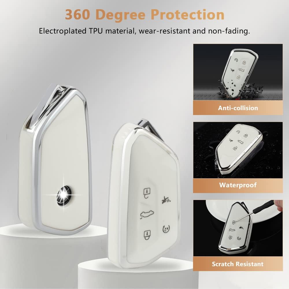 PIFOOG Key Fob Cover for VW Volkswagen ID4 Golf GTI R 2022 2023 Accessories TPU 5 Buttons Car Keys Case Shell Protector Bling Keychain Girly Women White Silver - Image 3