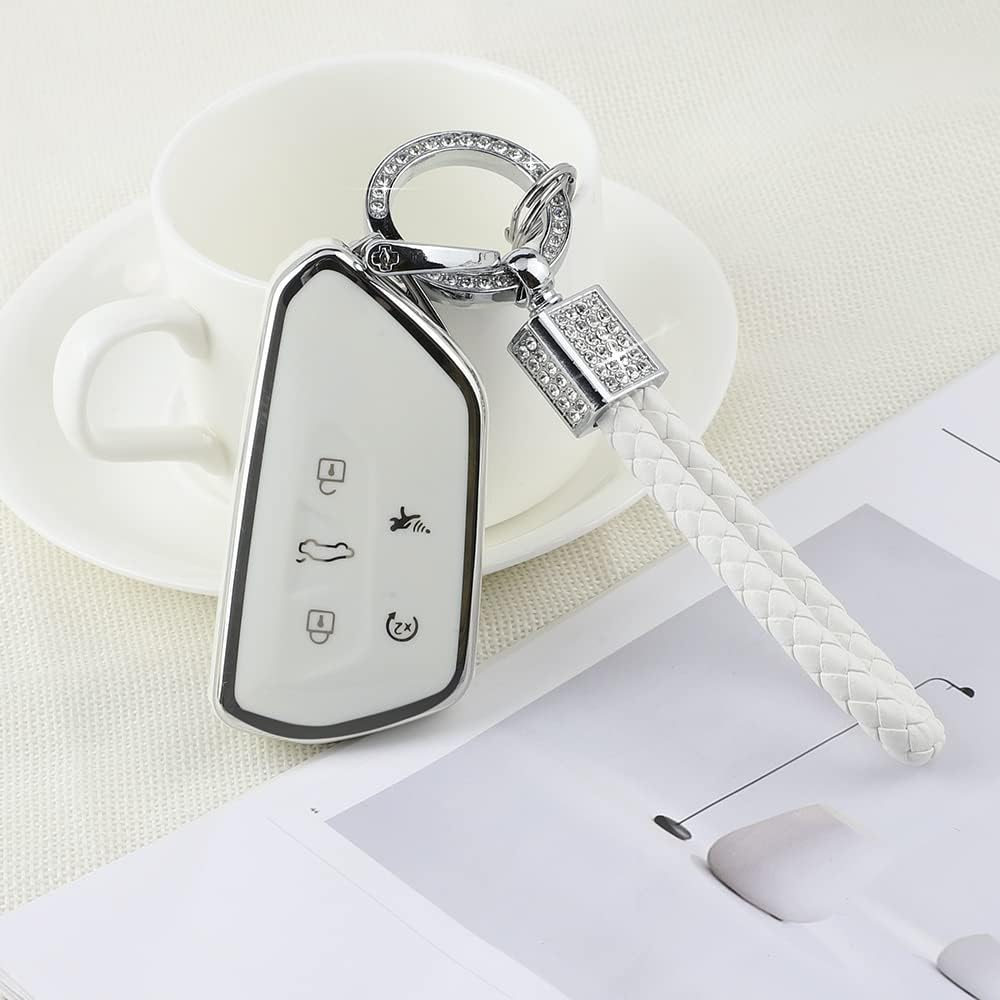 PIFOOG Key Fob Cover for VW Volkswagen ID4 Golf GTI R 2022 2023 Accessories TPU 5 Buttons Car Keys Case Shell Protector Bling Keychain Girly Women White Silver - Image 2