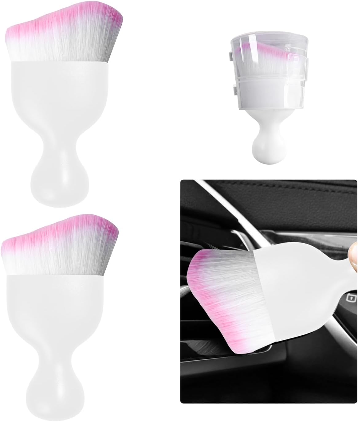 Ziciner 2 PCS Car Detailing Brush, Curved Soft Bristles Auto Removal Dust Collectors, Universal Vehicle Dashboard, Air Conditioner Vents etc Interior Cleaning Tool Accessory (White/White/Pink)