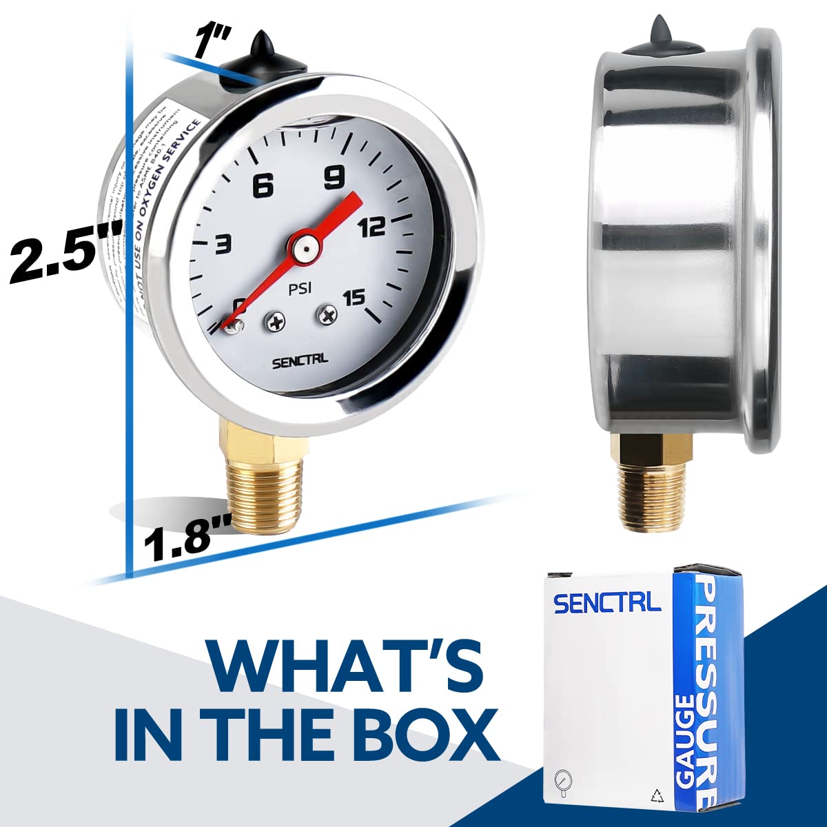 SENCTRL 0-15 Psi Fuel Pressure Gauge, 1-1/2" Dial Size, 1/8" NPT Lower Mount, Silicone Oil Liquid Filled, Stainless Steel Case, Inline Low Pressure Gauge, for Water Oil Air Pressure Test - Image 6