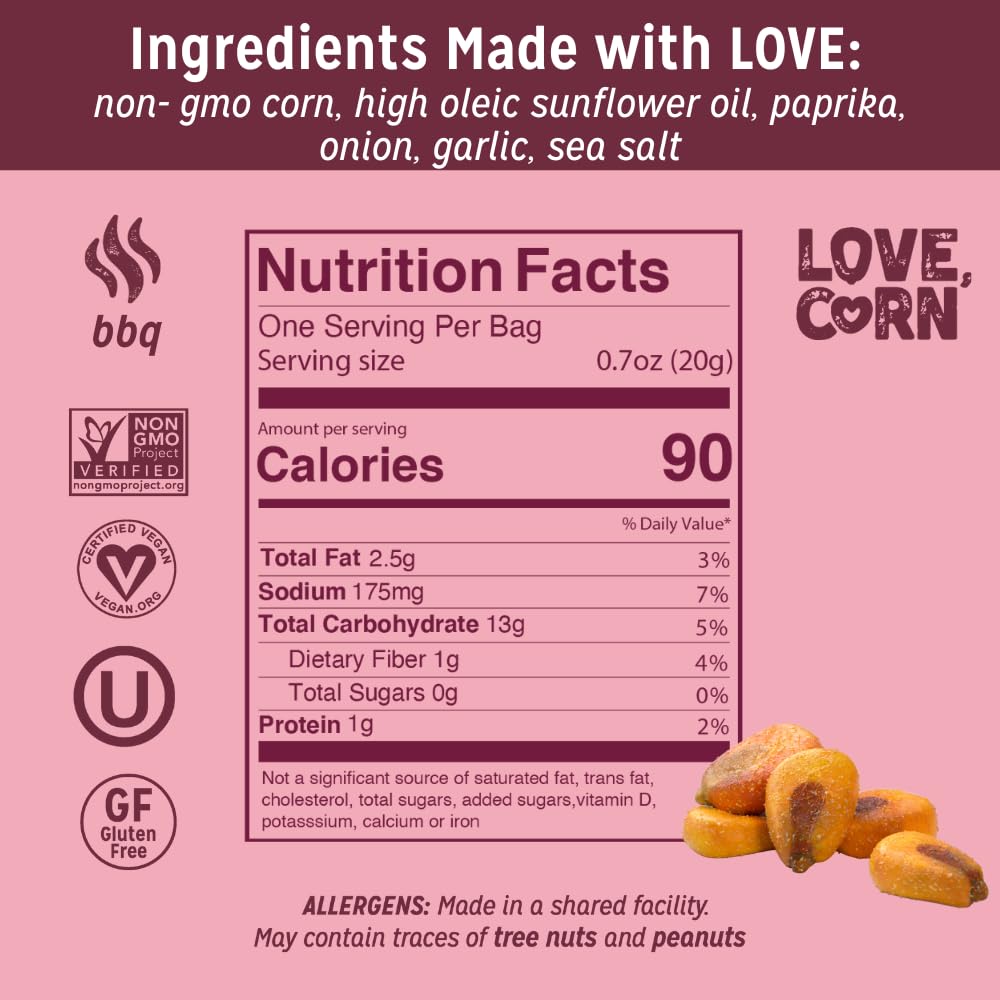 LOVE CORN BBQ | Delicious Crunchy Corn Snacks | .07oz x 20 Gluten Free, Vegan Bags | Convenient for Lunch Boxes, Commuting & Office Snacks - Image 2