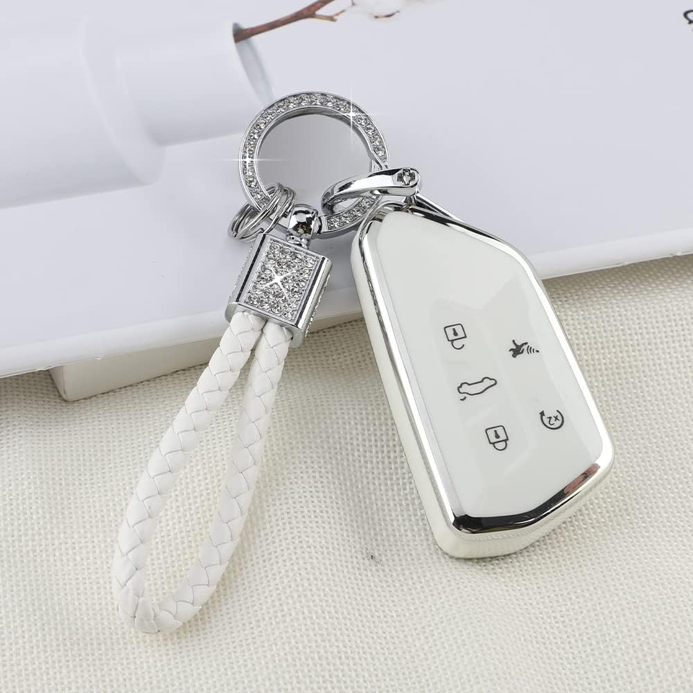 PIFOOG Key Fob Cover for VW Volkswagen ID4 Golf GTI R 2022 2023 Accessories TPU 5 Buttons Car Keys Case Shell Protector Bling Keychain Girly Women White Silver - Image 8