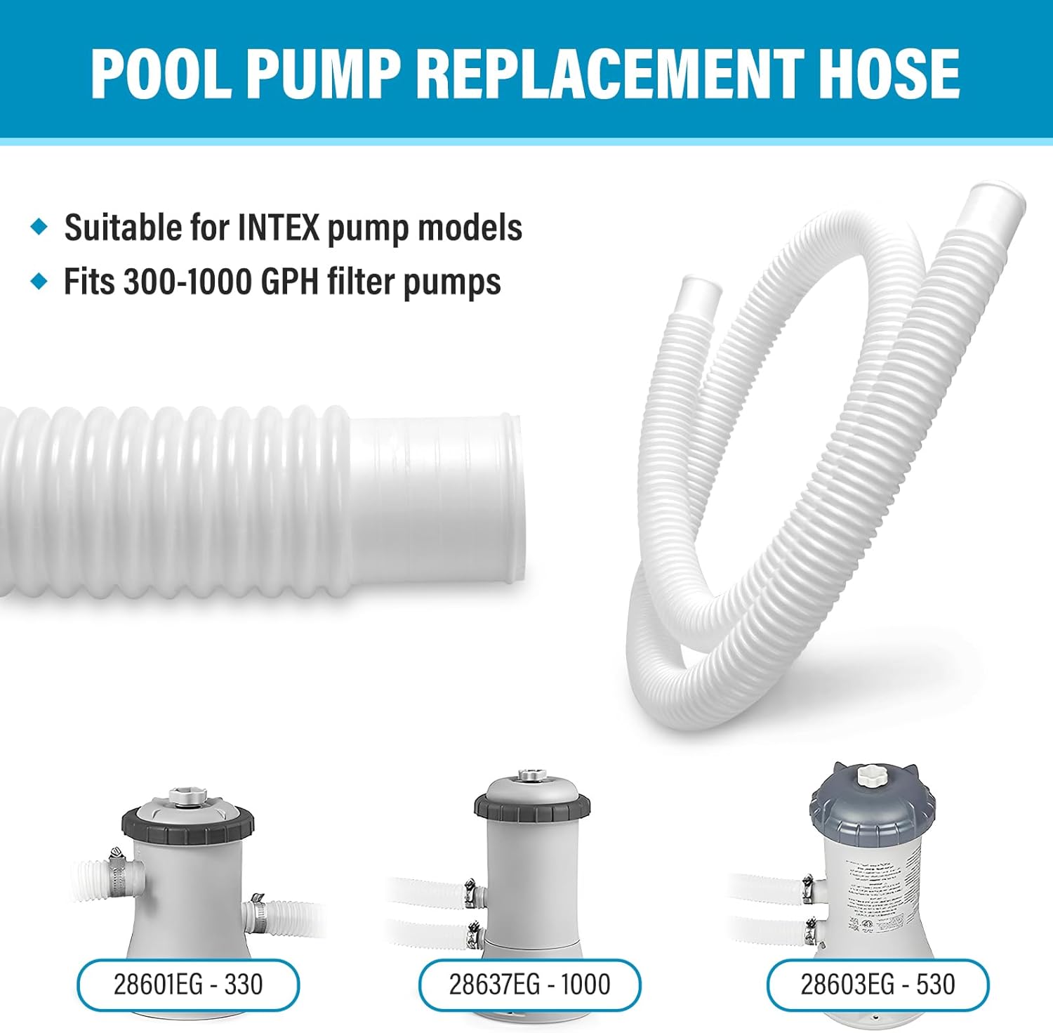 Madrigal 4-Pack of 1.25 x 59-Inch Pool Pump Replacement Hose for Above Ground Pools, Filter Pump Hoses, Replacement INTEX Hoses for 300/330/530/1000 Gallon Pool Pumps, Includes 8 Metal Clips, White - Image 4