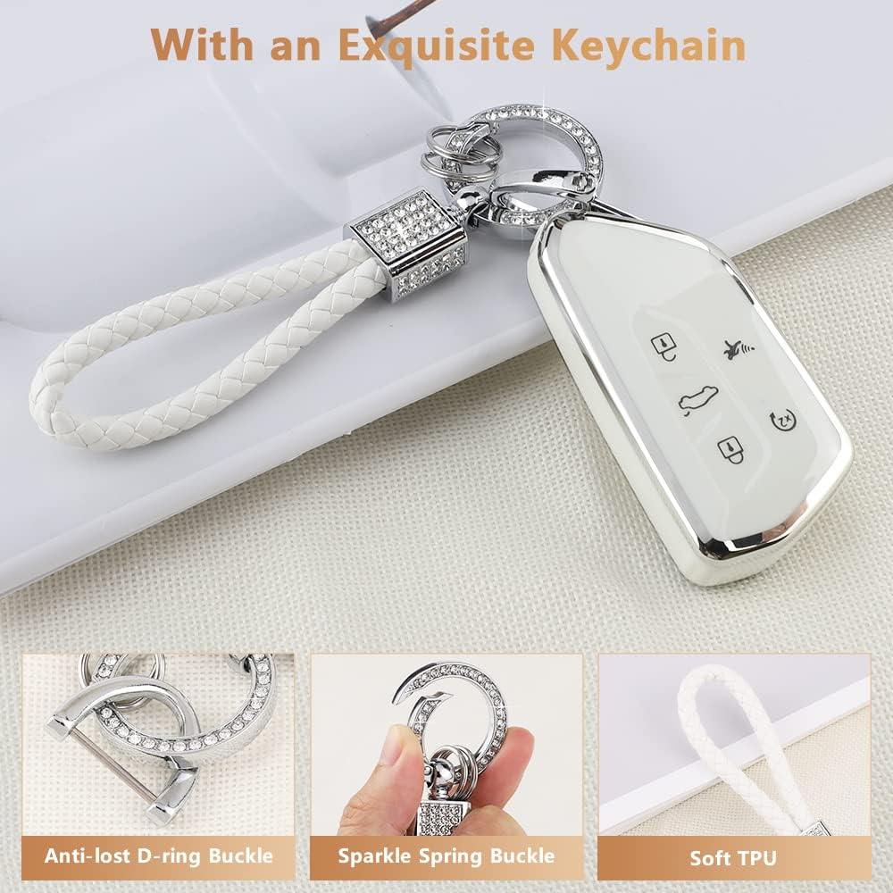 PIFOOG Key Fob Cover for VW Volkswagen ID4 Golf GTI R 2022 2023 Accessories TPU 5 Buttons Car Keys Case Shell Protector Bling Keychain Girly Women White Silver - Image 5