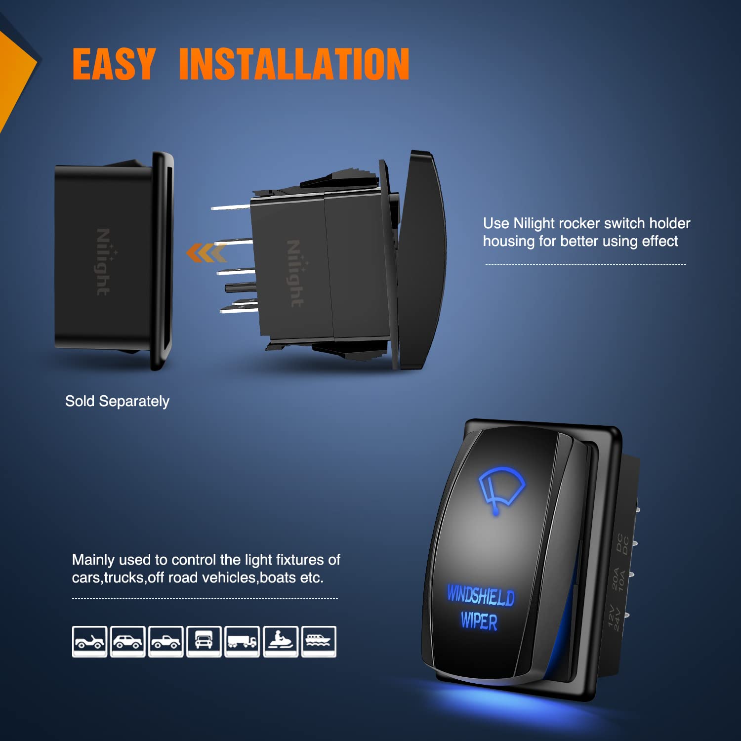 Nilight Windshield Wiper Rocker Switch Led Light Bar 8Pin Laser ON On Off DPDT Switches 20A/12V 10A/24V Blue with Jumper Wires Set for Cars Trucks RVs - Image 5