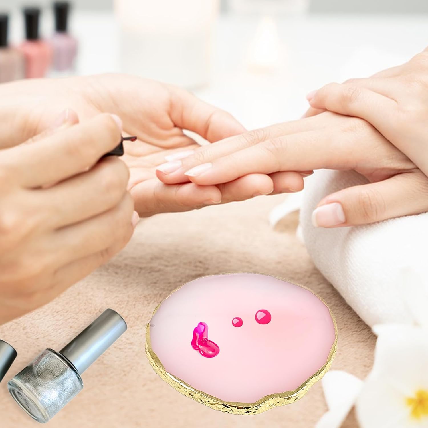 2Pcs Resin Nail Art Palette,Nail Polish Palette,Gold Edge Nails Holder Display Board,Cosmetic Mixing Tools for Nails Art(White,Pink) - Image 6