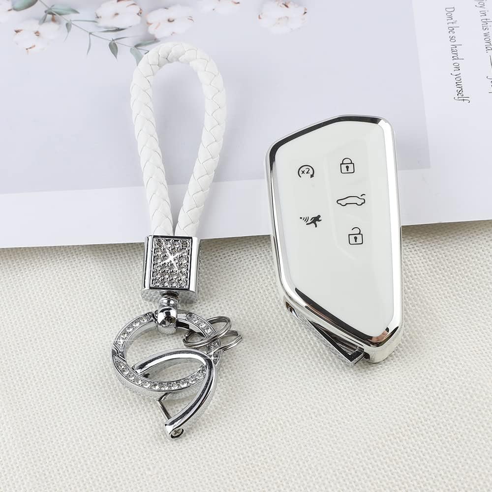 PIFOOG Key Fob Cover for VW Volkswagen ID4 Golf GTI R 2022 2023 Accessories TPU 5 Buttons Car Keys Case Shell Protector Bling Keychain Girly Women White Silver - Image 7