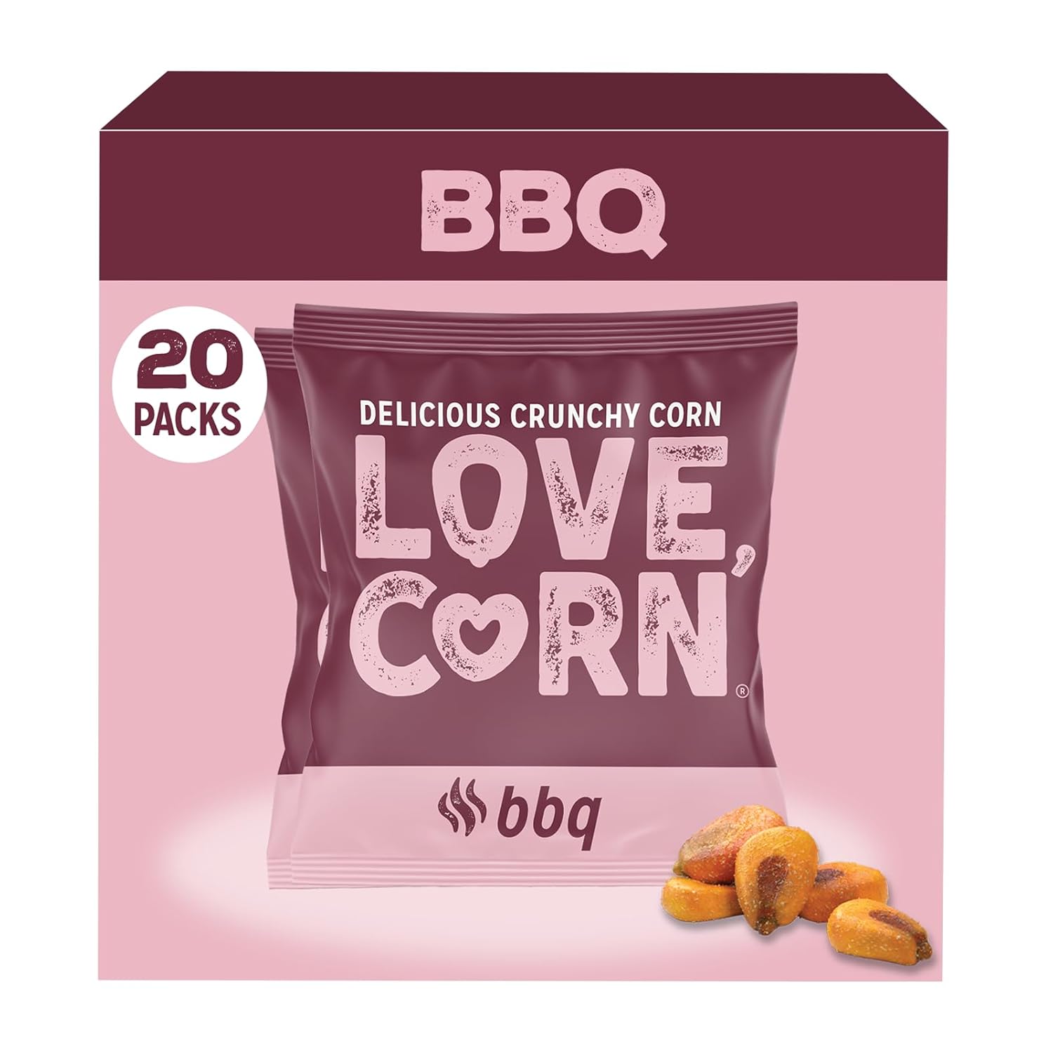 LOVE CORN BBQ | Delicious Crunchy Corn Snacks | .07oz x 20 Gluten Free, Vegan Bags | Convenient for Lunch Boxes, Commuting & Office Snacks