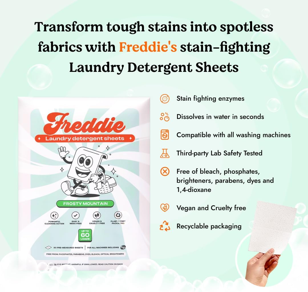 Freddie Laundry Detergent Sheets - Recyclable Packaging - No Mess Strips - 60 Loads - Crisp Frosty Mountain Scent - Image 2