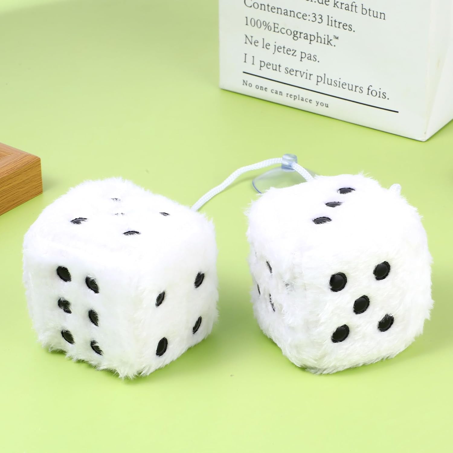 Fuzzy Plush Dice for Car Mirror 2.36” Pair of Retro Square Decoration Dice with White Dots Car Interior Hanging Ornament Decoration(White) - Image 6