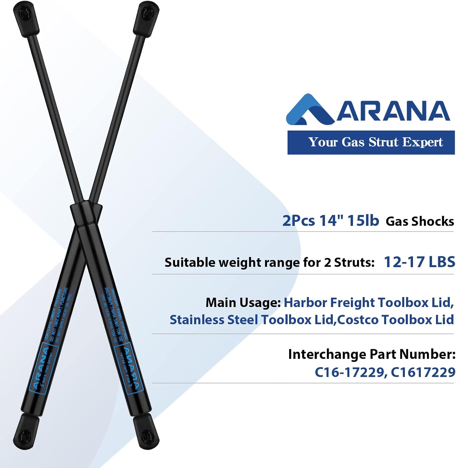 ARANA SX140P15 lt08-05b 14 inch Gas Struts 15Lb/67N,14'' Shocks,14 inch Lift Support for Costco US General Truck Tool Box Lid Harbor Freight Toolcart Leer Camper Shell Truck Cap Topper, 2Pcs - Image 2