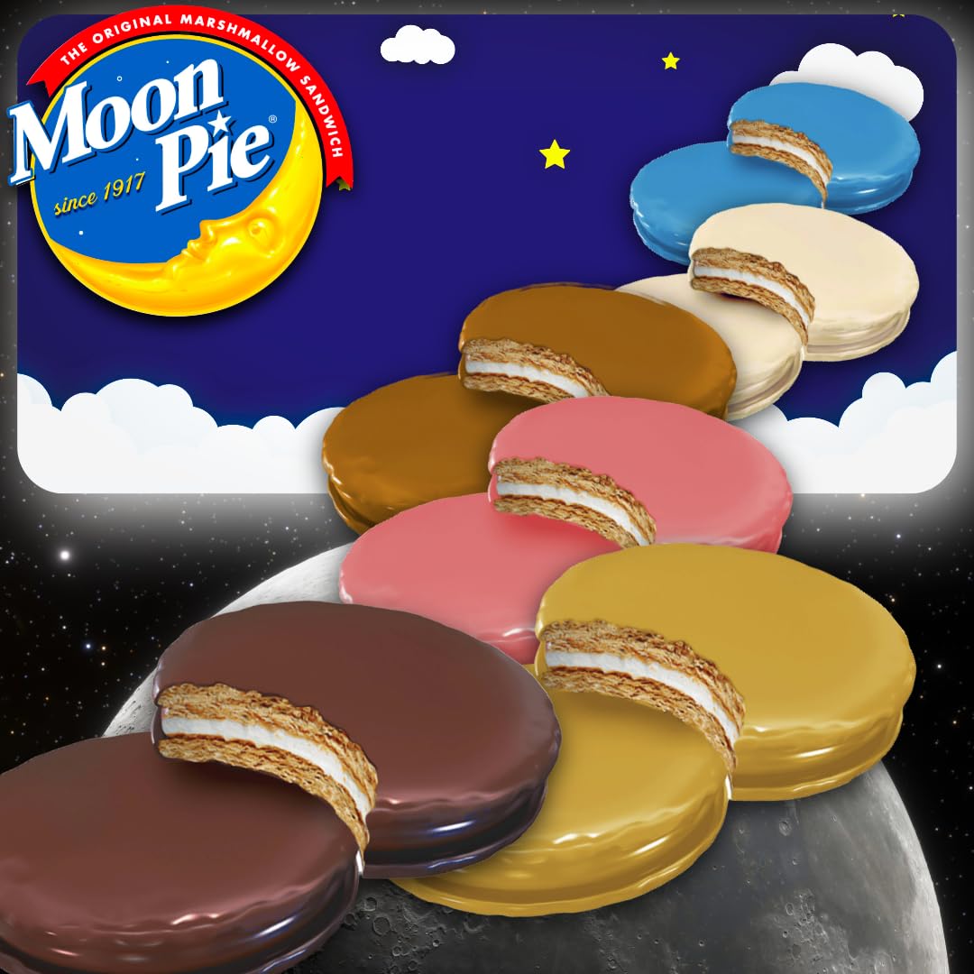 Moon Pie Minis 36 Pack. 6 Pies of Each: Original, Once in a Blue Moon Blueberry, Vanilla, Banana, Strawberry, Salted Caramel. 1oz. Snack Pies Individually Wrapped. - Image 4