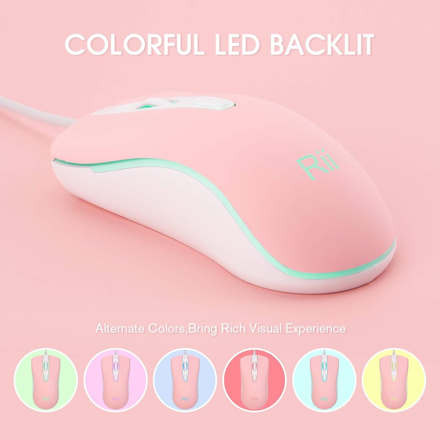 Rii Wired Mouse, USB Computer Mouse,RGB Optical Office Mice for PC,Computer,Laptop,Desktop,Windows,Chromebook (Pink) - Image 2