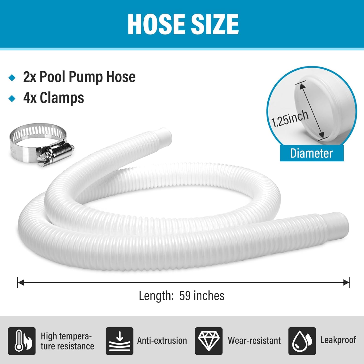 Madrigal 4-Pack of 1.25 x 59-Inch Pool Pump Replacement Hose for Above Ground Pools, Filter Pump Hoses, Replacement INTEX Hoses for 300/330/530/1000 Gallon Pool Pumps, Includes 8 Metal Clips, White - Image 3