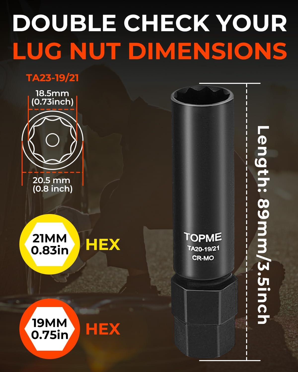10 Spline Lug Nut Socket, Replacement for TA20-19/21C, ompatible with Bimecc 10 Spline Lug Key, for Removing 10 Point Lug Nut Key for Truck Large SUV with 13/16 and 7/8 Hex Drive, CR-MO - Image 2
