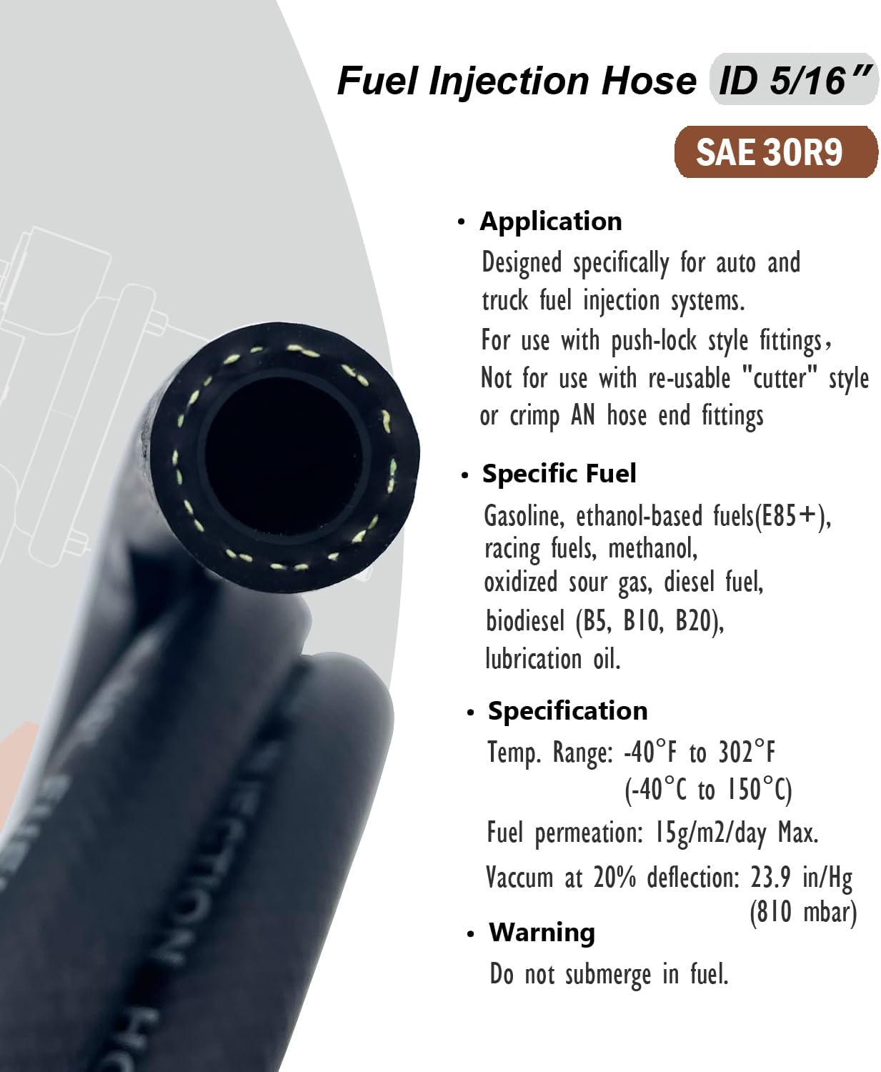SAE 30R9 Fuel Hose Line 5/16 Fuel injection hose 5FT Length High Pressure SAE30R9 Push Lock hose 300 psi (5FT, 5/16" ID) - Image 4