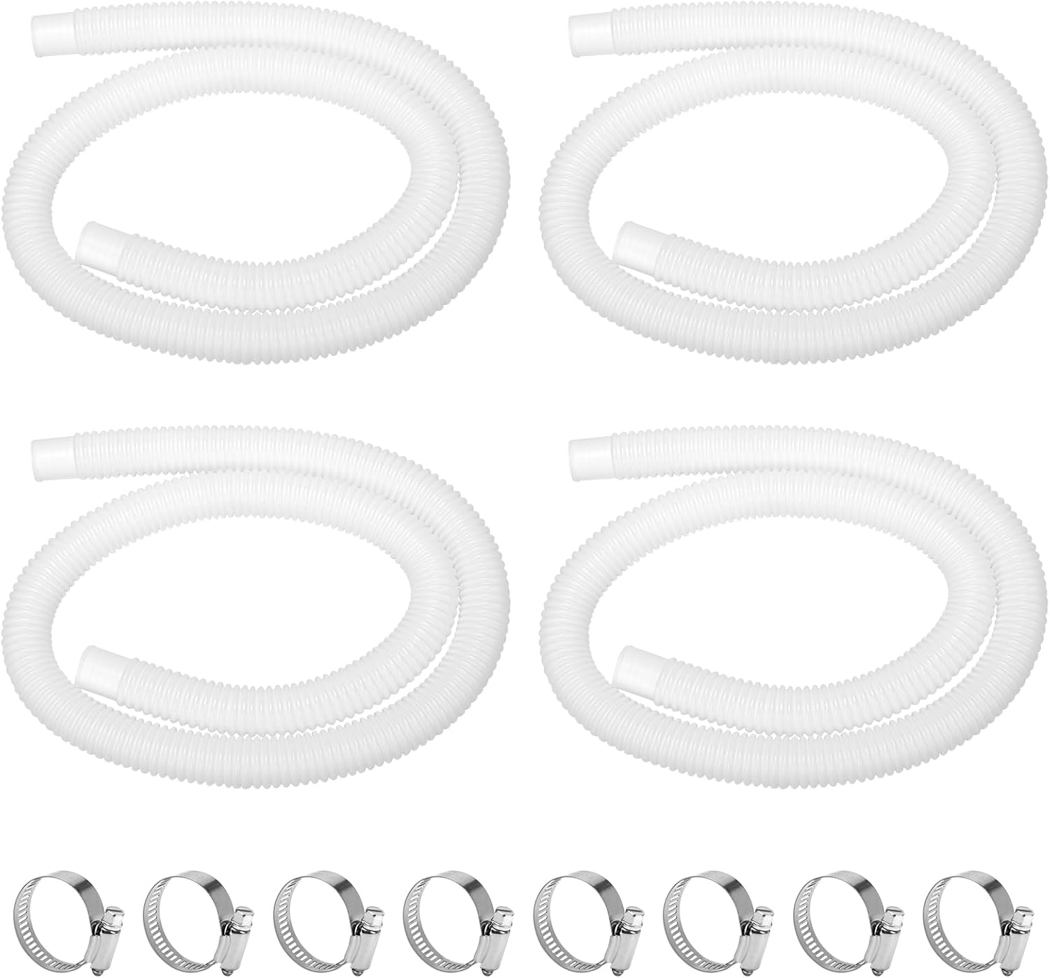 Madrigal 4-Pack of 1.25 x 59-Inch Pool Pump Replacement Hose for Above Ground Pools, Filter Pump Hoses, Replacement INTEX Hoses for 300/330/530/1000 Gallon Pool Pumps, Includes 8 Metal Clips, White
