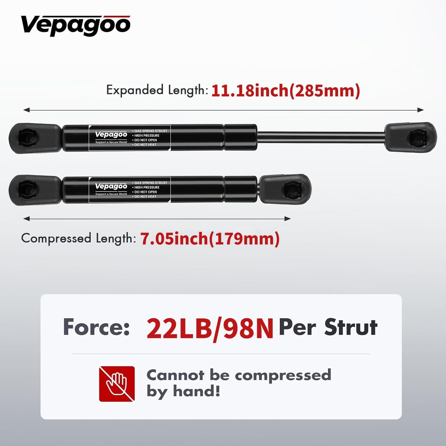 Vepagoo C16-14722 11 inch 22 lb Gas Strut Shock Spring Lift Support Fit for Camper Shell Topper Window Yakima Rocket Box, 2 Pcs - Image 2