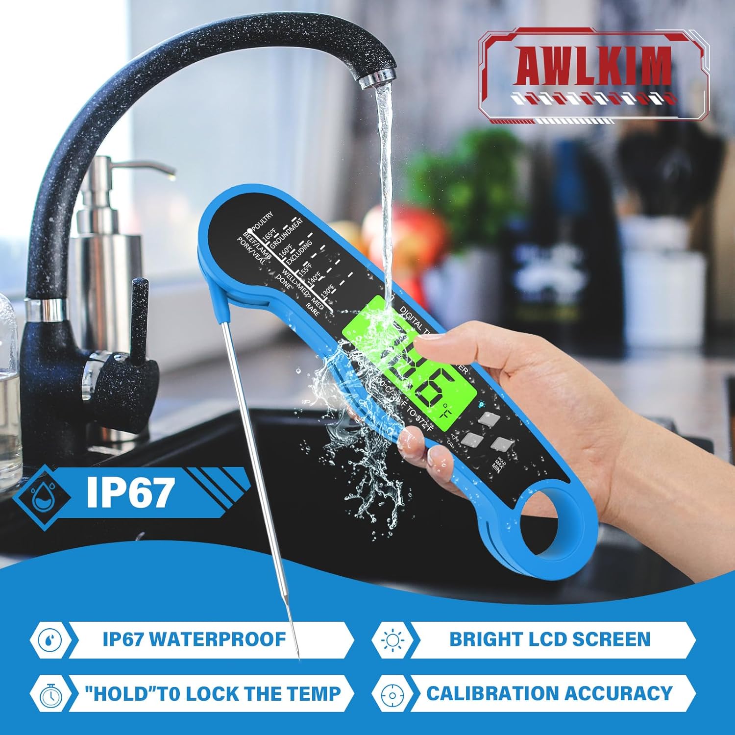 Fast Instant Read Meat Thermometer with Backlight - Waterproof Digital Food Probe for Grilling, Cooking, Baking & Candy Making - Kitchen & BBQ Essential(Blue) - Image 4