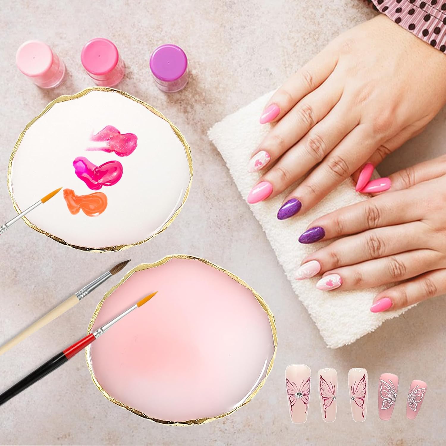 2Pcs Resin Nail Art Palette,Nail Polish Palette,Gold Edge Nails Holder Display Board,Cosmetic Mixing Tools for Nails Art(White,Pink) - Image 5
