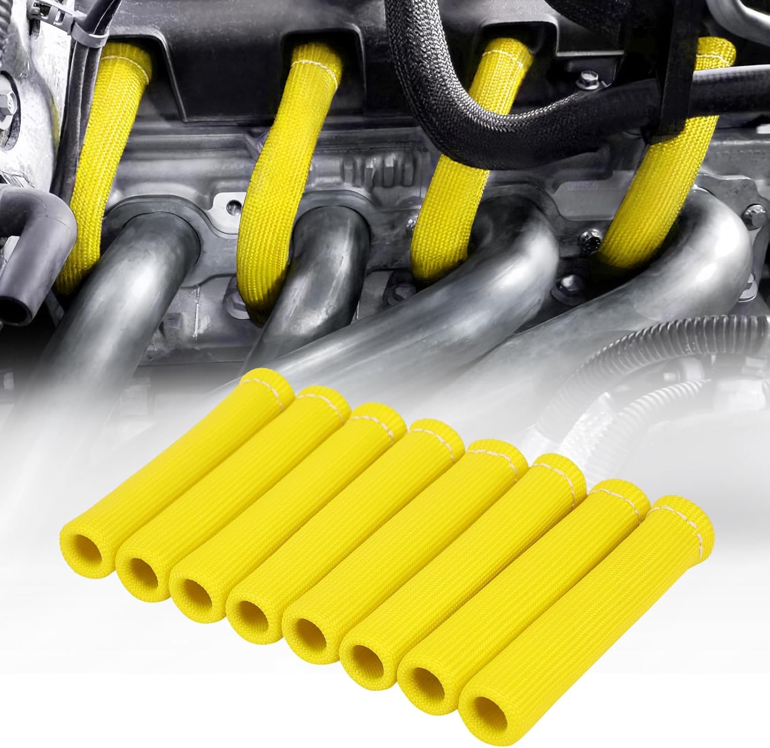 2500° Spark Plug Heat Shield Sleeve for 8PCS Spark Plug Wire Boots Ls1/Ls2 Sbc Bbc 350 454 Spark Plug Wire Heat Sleeve (Yellow)