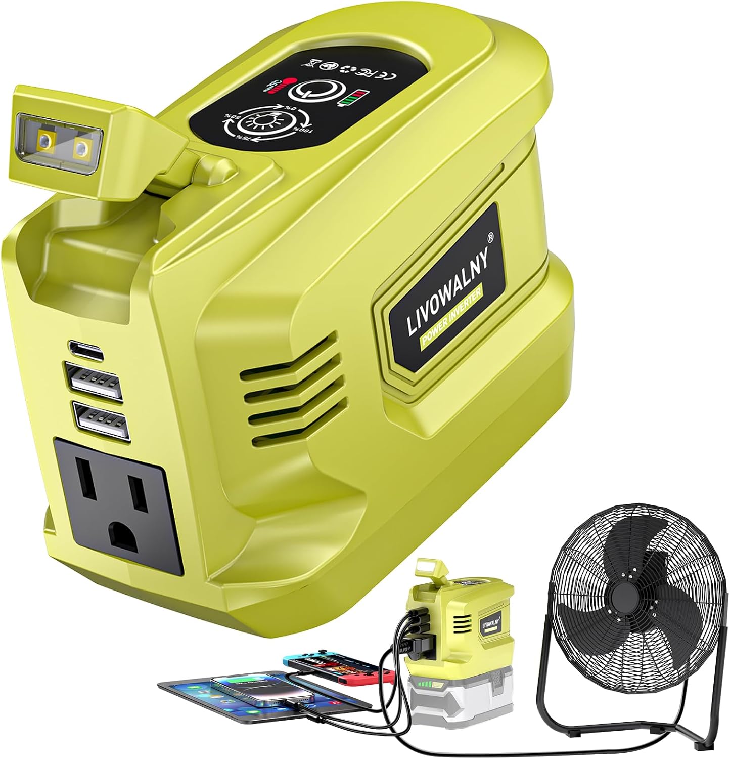 Real 200W Portable Power Inverter Compatible with Ryobi 18V, LIVOWALNY Outdoor Generato Battery Converter 2 USB & AC Battery Powered Outlet, DC 18V to AC 110V-120V Power Station (Tool Only)