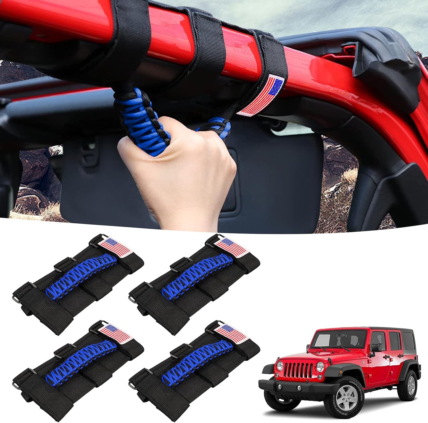 Gaizon 4 Pack Grab Handles Roll Bar Paracord Handgrip Handles with America Flag Pattern Replacement for Jeep Wrangler YJ TJ JK JL,Gladiator JT 1955-2022(Blue)