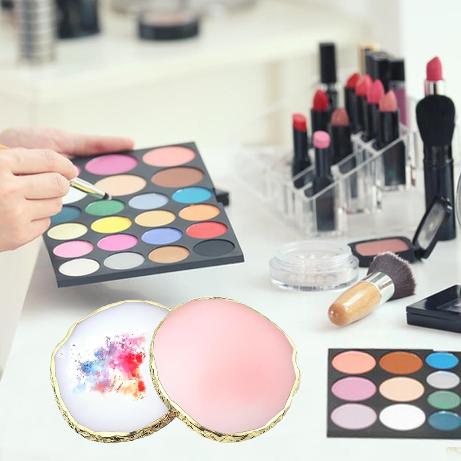 2Pcs Resin Nail Art Palette,Nail Polish Palette,Gold Edge Nails Holder Display Board,Cosmetic Mixing Tools for Nails Art(White,Pink) - Image 7