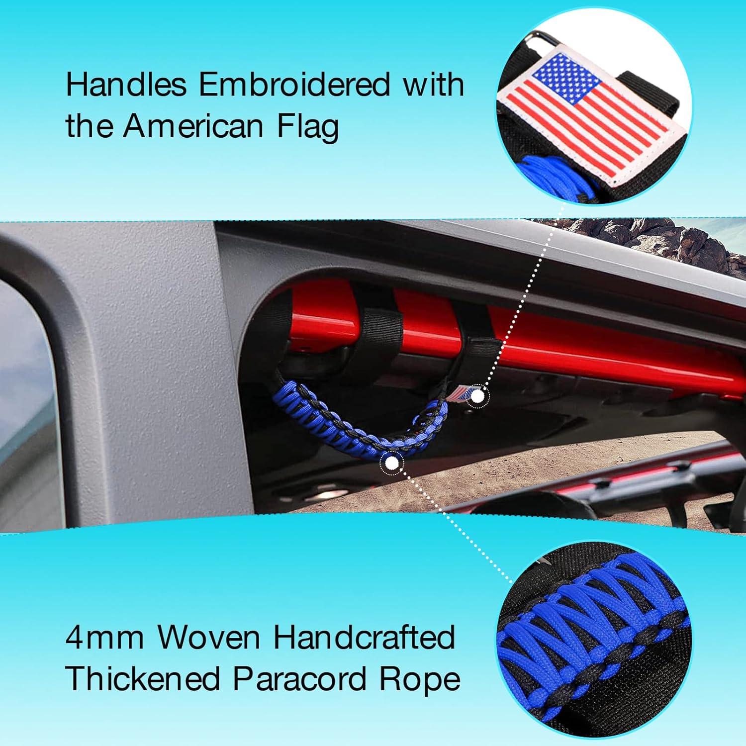 Gaizon 4 Pack Grab Handles Roll Bar Paracord Handgrip Handles with America Flag Pattern Replacement for Jeep Wrangler YJ TJ JK JL,Gladiator JT 1955-2022(Blue) - Image 2