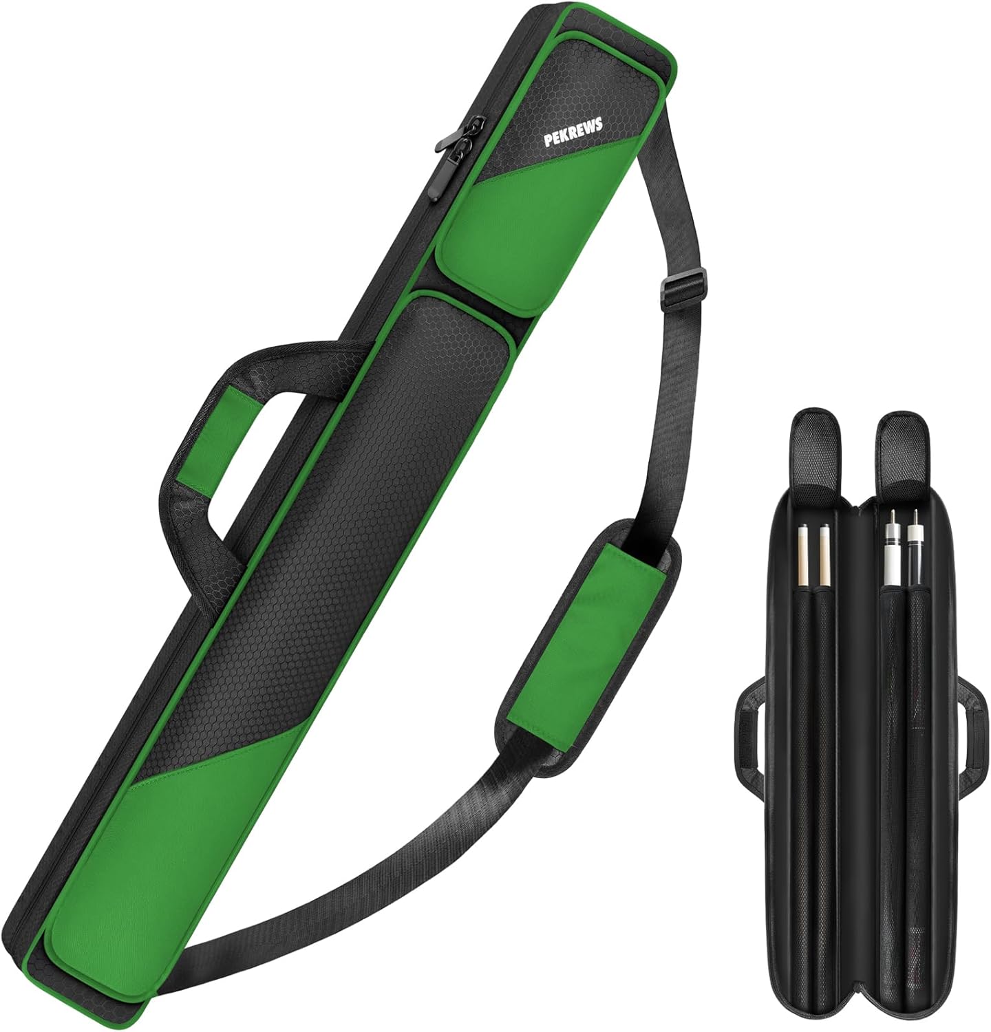 Pool Cue Case, Pool Stick Case 2x2 Holds 2 Sticks with 2 Accessory Zipper Pockets, Sturdy Polyester Pool Cue Carry Bag with Shoulder Strap Handle, Soft Billiard Cue Sling Bag for Men and Women