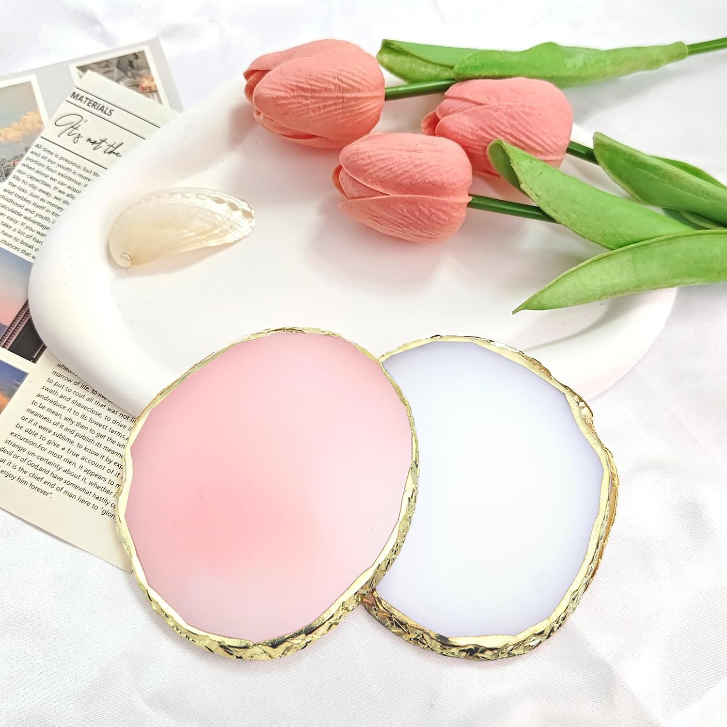 2Pcs Resin Nail Art Palette,Nail Polish Palette,Gold Edge Nails Holder Display Board,Cosmetic Mixing Tools for Nails Art(White,Pink) - Image 2