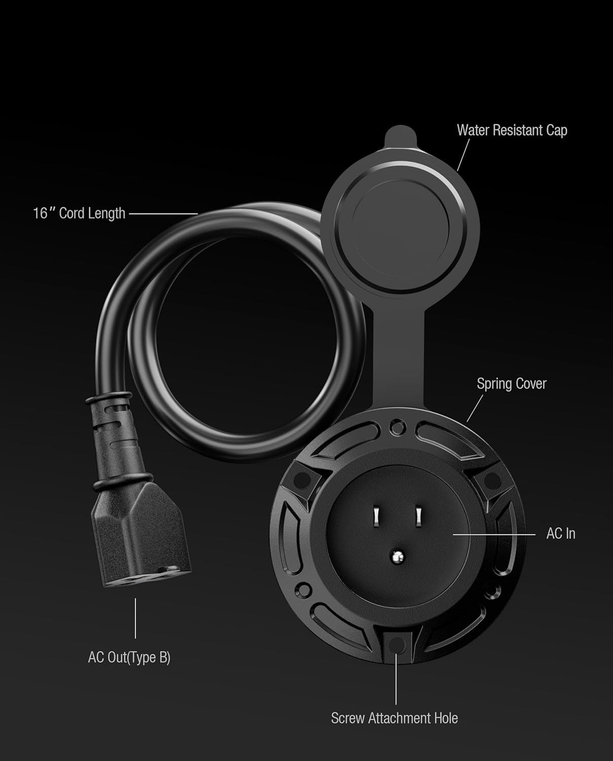 Heavy-Duty 20A 125V RV Shore Power Inlet Plug with 16" Extension Cord, 5-in-1 T-Blade Adapter, Waterproof Outlet Box & Cap for RVs Trailers Boats - Outdoor Electrical System (12AWG) - Image 7