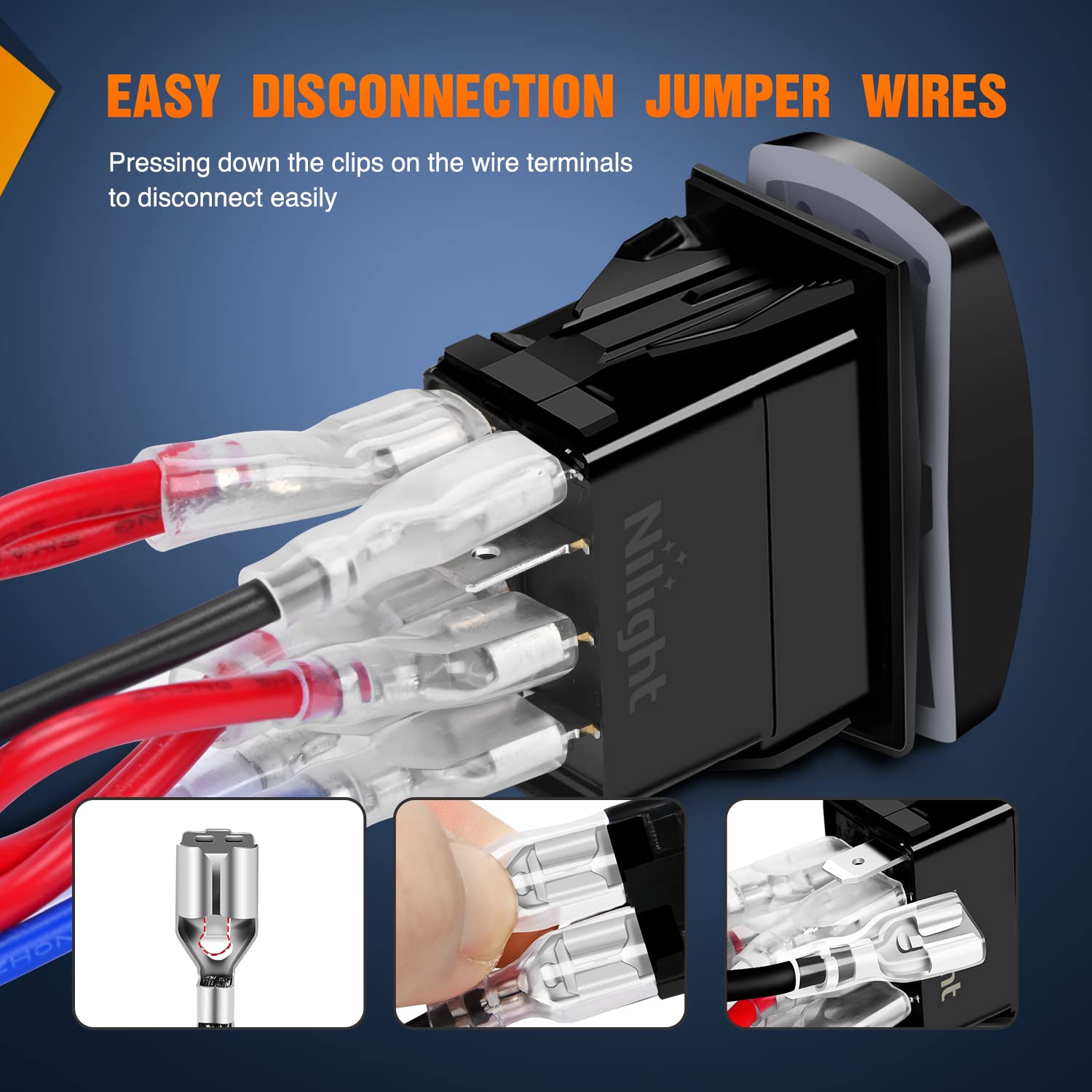 Nilight Windshield Wiper Rocker Switch Led Light Bar 8Pin Laser ON On Off DPDT Switches 20A/12V 10A/24V Blue with Jumper Wires Set for Cars Trucks RVs - Image 4