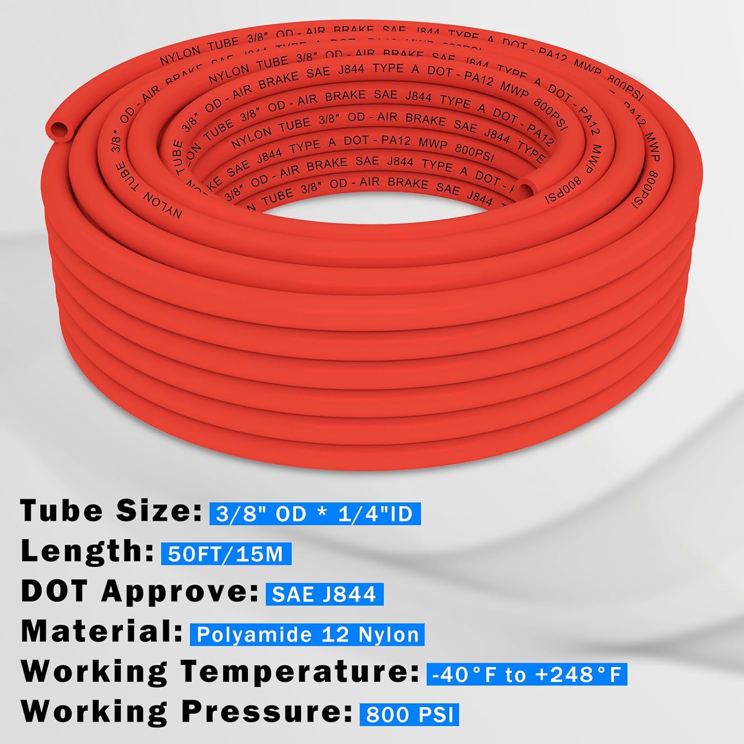 CheeMuii 50 FT 3/8" DOT Air Line Red 3/8 PA12 Nylon Pneumatic Tubing 15.2 Meter 3/8 Inch OD Pneumatic Air Tubing Pipe Hose Line for Semi Truck Trailer or Industrial Air System - Image 2