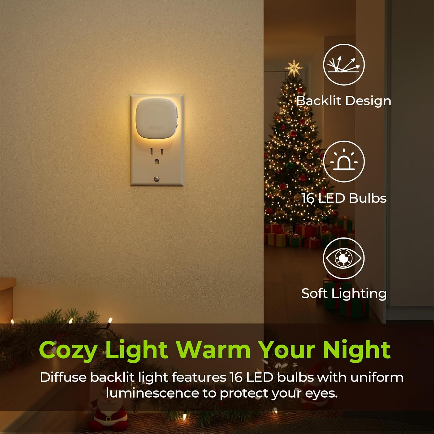 AUVON Plug-in LED Backlit Night Light with Motion Sensor & Dusk to Dawn Sensor, Dimmable Warm White Nightlight with 1-50 lm Adjustable Brightness for Bathroom, Bedroom, Hallway, Stairs (2 Pack) - Image 2
