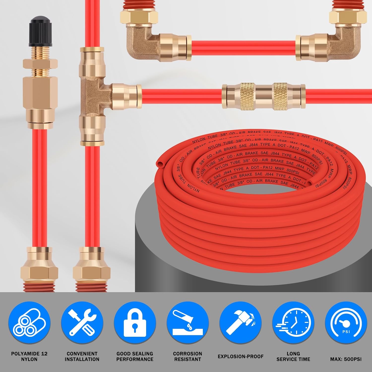CheeMuii 50 FT 3/8" DOT Air Line Red 3/8 PA12 Nylon Pneumatic Tubing 15.2 Meter 3/8 Inch OD Pneumatic Air Tubing Pipe Hose Line for Semi Truck Trailer or Industrial Air System - Image 8