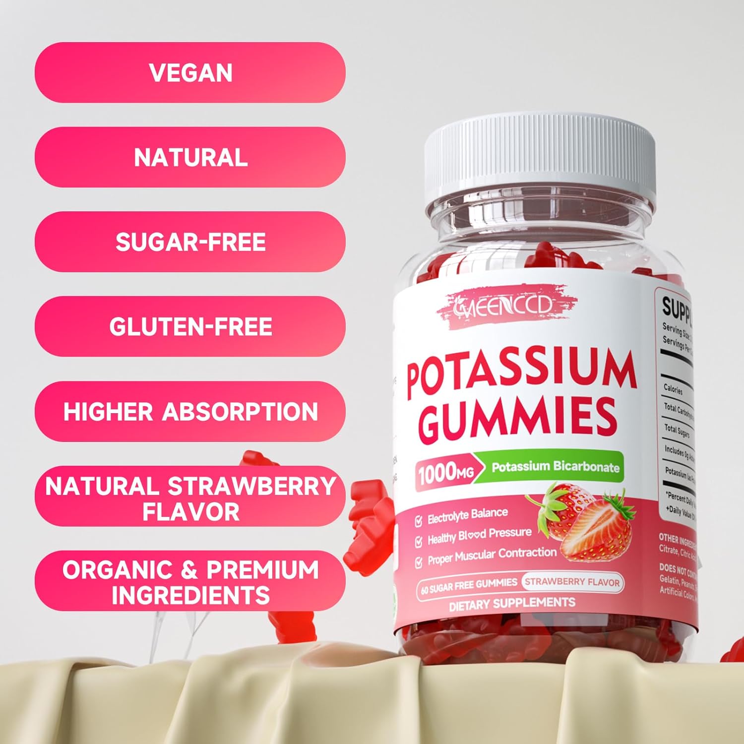 Potassium Gummies, Potassium Bicarbonate Supplement for Adults & Kids, Potassium Supplement for Electrolyte Balance & Muscle Heath, Sugar-Free, Strawberry Flavor, 60 Count - Image 5
